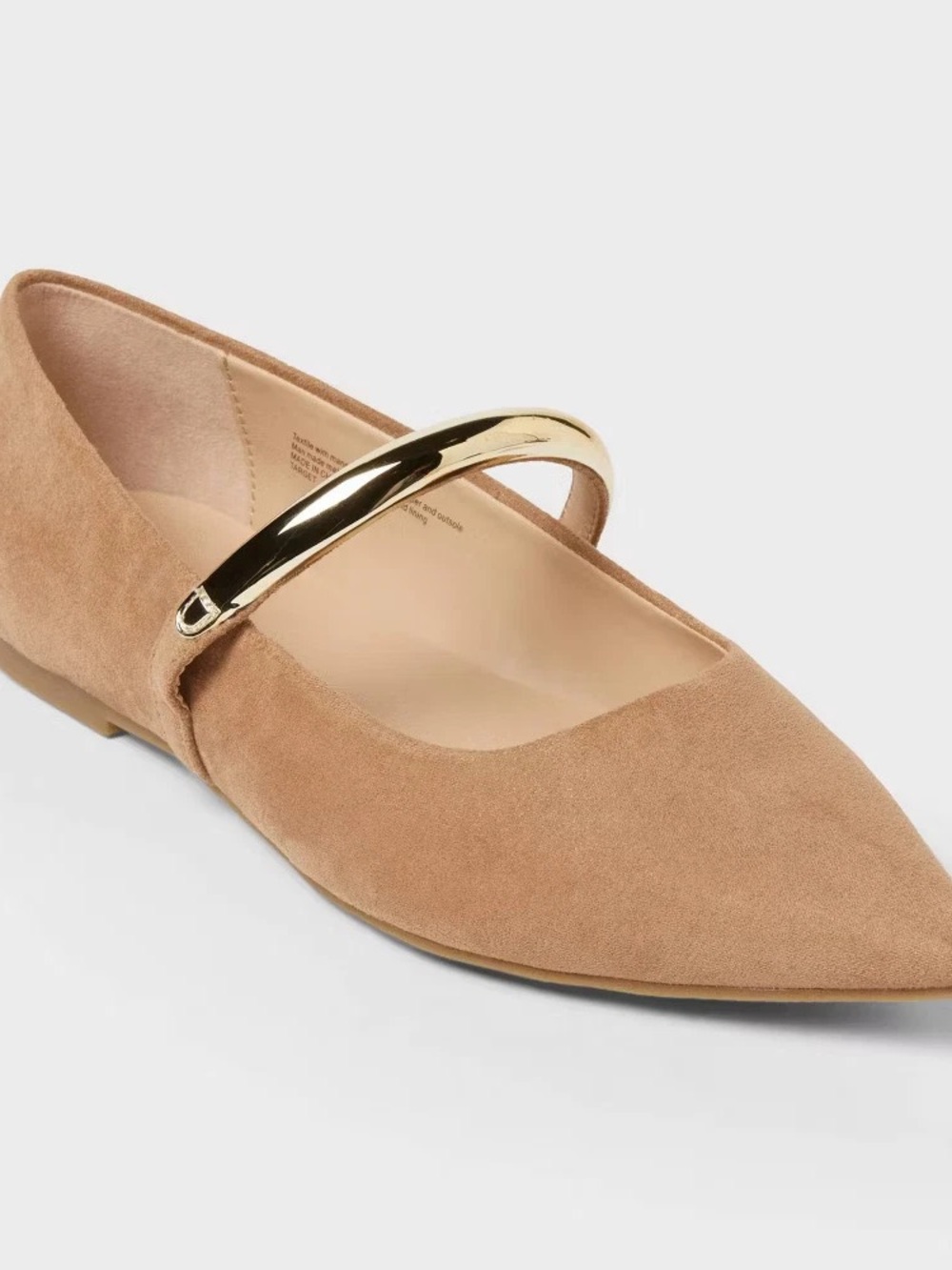 Suede Pointed Toe Mary Jane Flat with Gold Strap - Tan